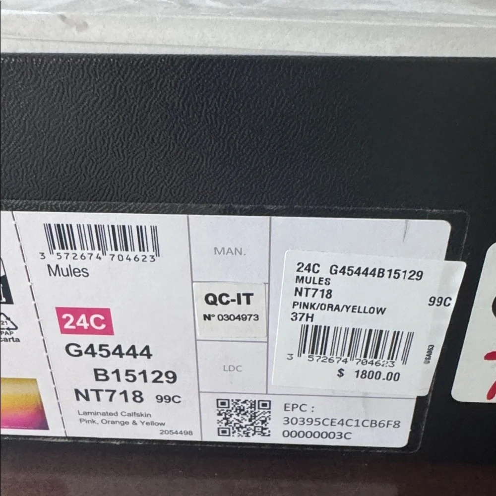 CHANEL Laminated Calfskin Wedge Mules 37.5 Pink Orange Yellow Multicolor CC logo